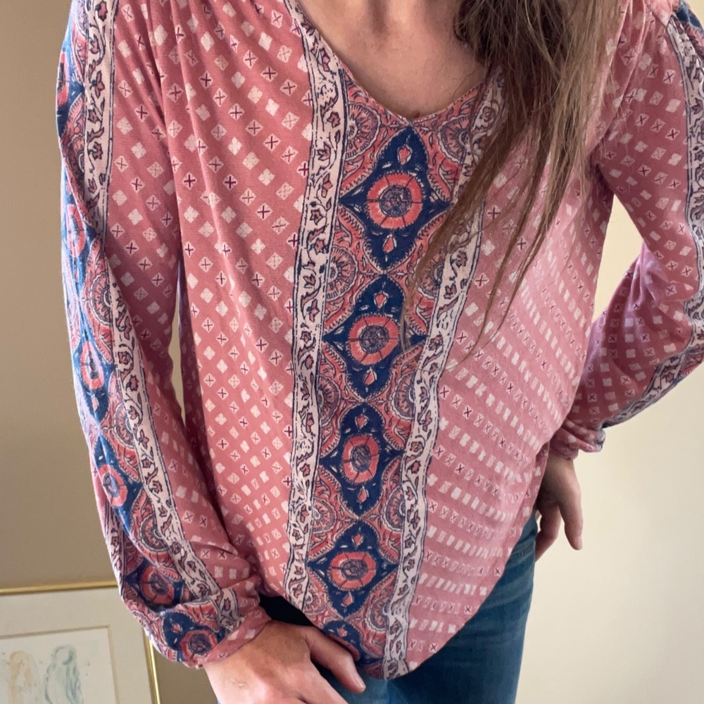 Lucky Brand dusty rose and blue peasant smock top, side medium - Picture 2 of 15